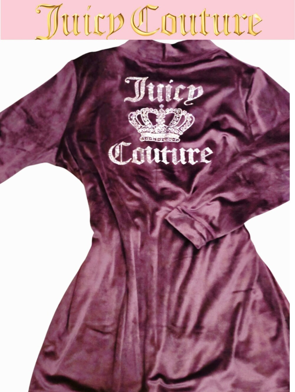 Juicy Couture Rhinestone Crown Logo Velour Robe- Smoky Noir